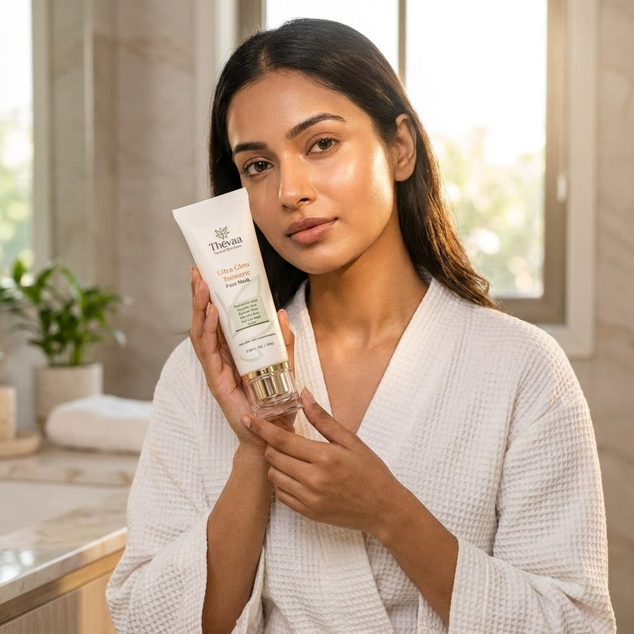 Woman holding Thévaa Ultra Glow Turmeric Face Mask