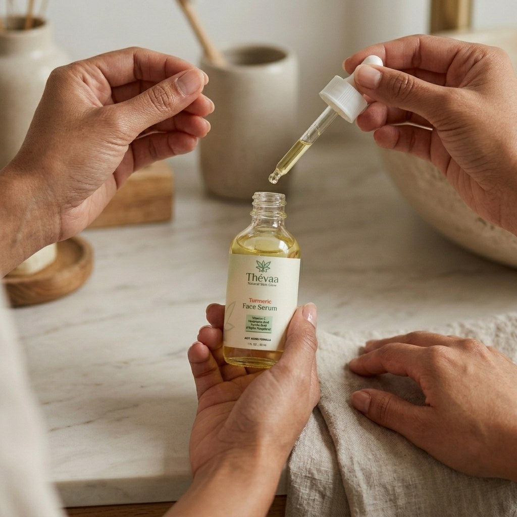 Applying Thévaa Turmeric Face Serum